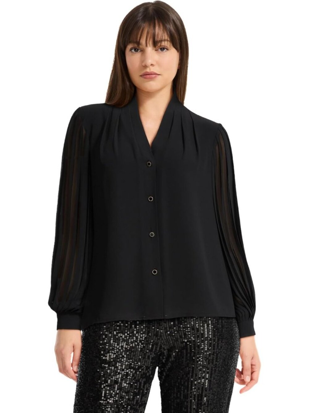 Chic Women's Long Pleated Sleeve V-Neck Button Front Blouse - Stylish